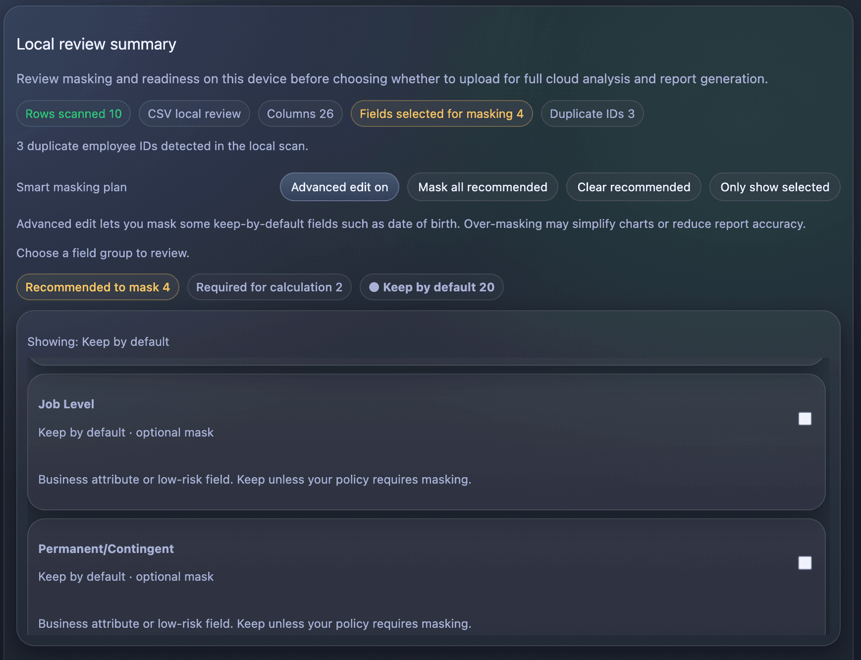 Local review summary showing masking groups, duplicate ID detection, and upload confirmation.